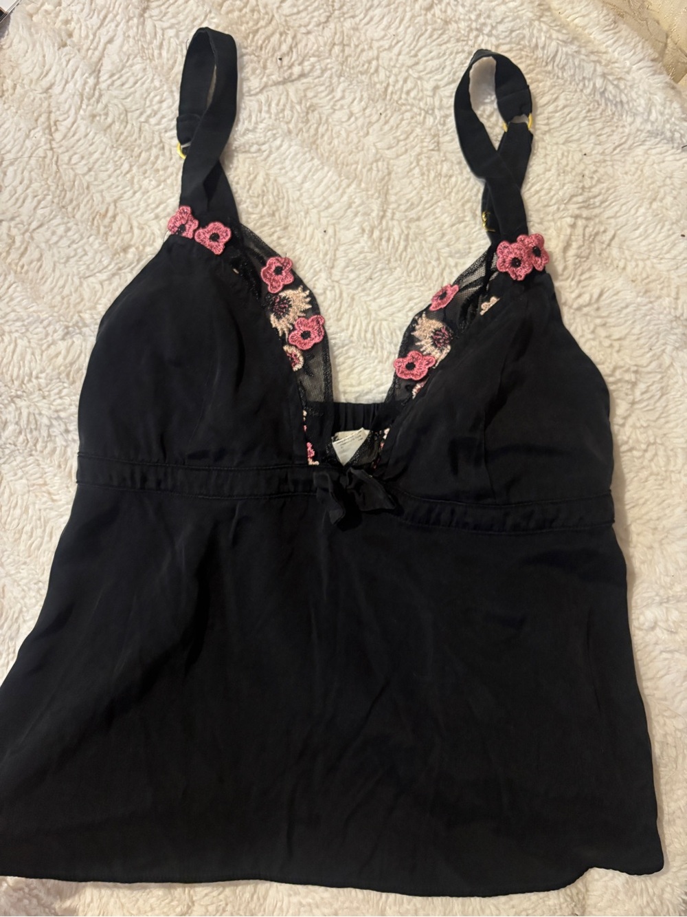 For Love & Lemons Black Camisole with Pink Floral Appliqué